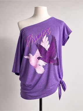 Prince Purple Graphic Off Shoulder Side Tie Tee Dove Print Oversized Top XL